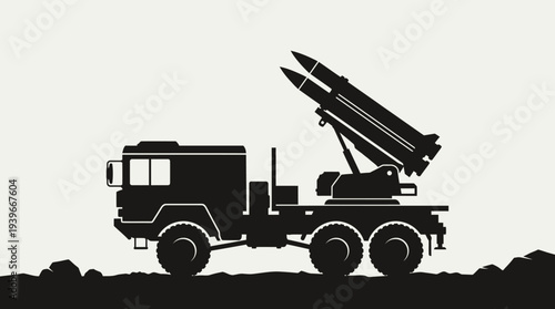 Modern military missile launcher truck on rugged terrain with mountains