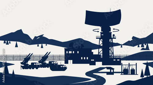 Military radar station with missile launcher in secure mountain base