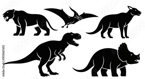 Prehistoric Animals and Dinosaurs Silhouettes Set - Ancient Extinct Creatures Collection