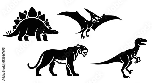 Prehistoric Animals Silhouette Set: Dinosaurs, Pterodactyl, and Saber-toothed Tiger Icons