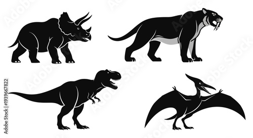 Prehistoric Animals Silhouettes Collection: Dinosaurs and Ancient Beasts Vector Set