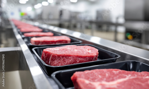Fresh Meat Portions on Conveyor Belt in Food Processing Facility Unit
