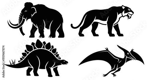 Prehistoric Animals Silhouettes: Mammoth, Saber-Toothed Tiger, Stegosaurus, Pterodactyl