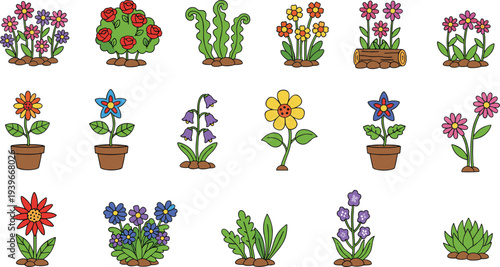 Collection of colorful cartoon flowers and plants in pots, soil, and decorative arrangements for educational and creative projects