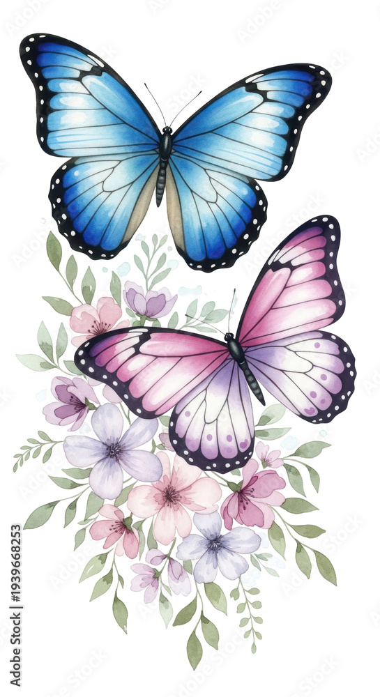 Obraz premium Enchanting Butterflies with Blossoms: Two beautiful butterflies with delicate wing patterns gracefully flutter amidst a bouquet of vibrant flowers and lush green foliage.