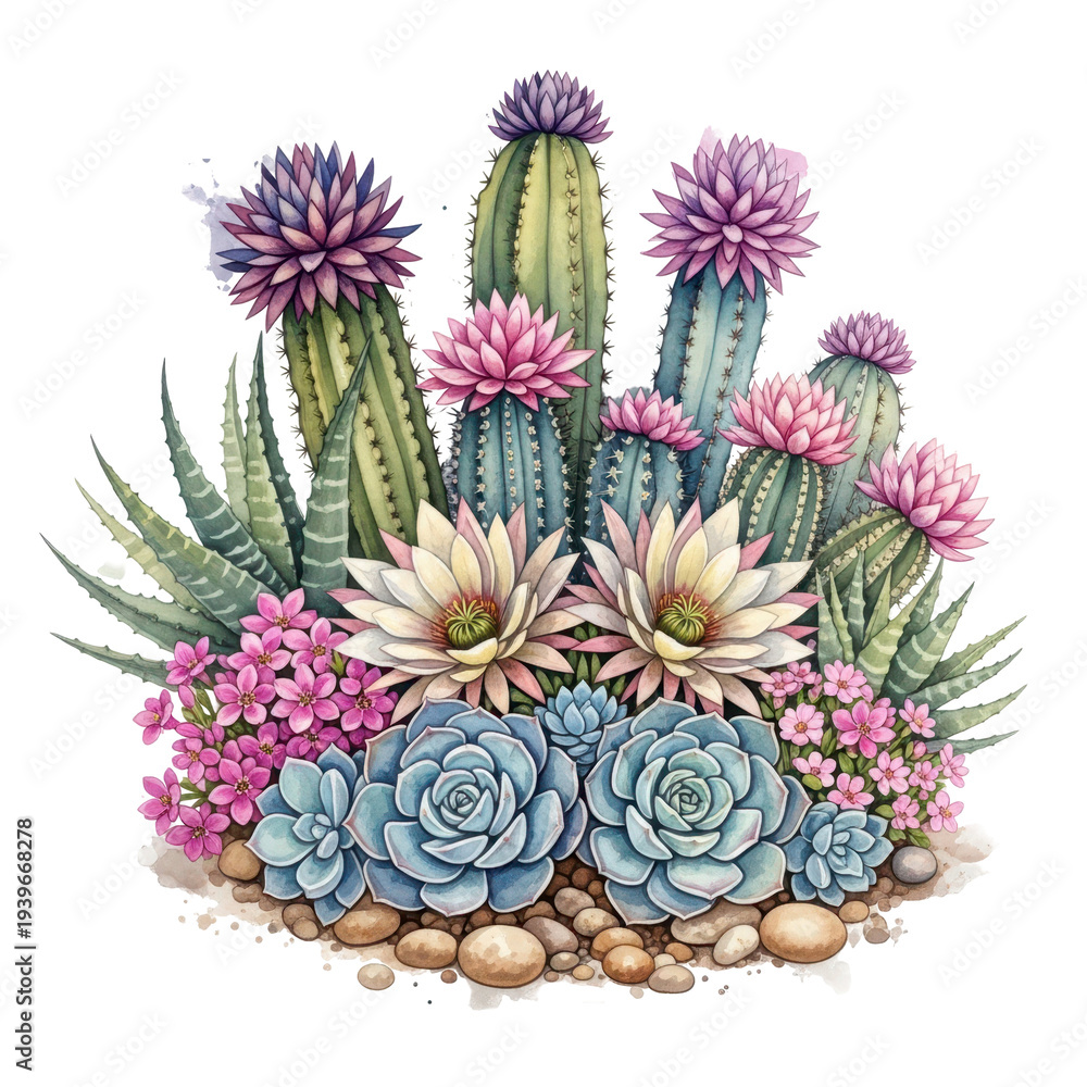 Fototapeta premium Cactus and Succulents Watercolor Painting: A vibrant watercolor painting showcases a captivating arrangement of cacti and succulents. With various species.