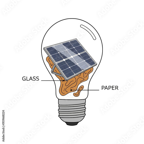 Conceptual illustration of a lightbulb containing a solar panel and paper, symbolizing renewable energy and sustainable innovation