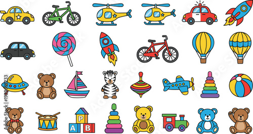 Colorful cartoon toys and vehicles including cars, rockets, bicycles, teddy bears, balloons, and stacking rings for children’s design