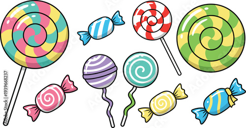 Colorful assortment of spiral lollipops and wrapped sweets in playful design for children’s party, celebration, and festive decoration