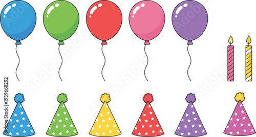 Colorful party balloons, striped birthday candles, and festive hats with stars for celebration, birthday, and holiday design projects