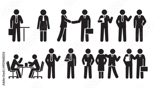 Collection of business people icons in various poses depicting professional interactions vector illustration