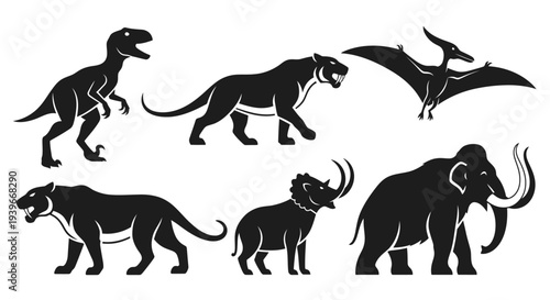Prehistoric Animals Silhouettes Set - Extinct Creatures Vector Collection