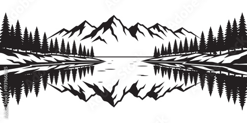 Mountain lake landscape vector silhouette pine trees reflection nature scenic view.