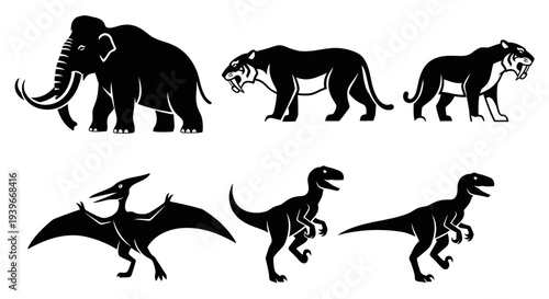 Prehistoric Animals Silhouettes Set: Dinosaurs and Ice Age Mammals Collection