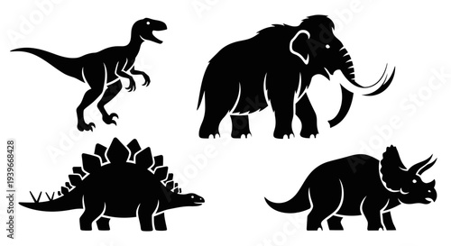 Prehistoric Animals Silhouettes Set: Dinosaurs and Mammoth Icons
