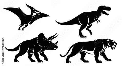 Prehistoric Animals Silhouettes Set: Dinosaurs and Saber-toothed Tiger Icons