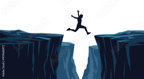 Silhouette illustration of a determined figure leaping across a wide chasm between dark cliffs