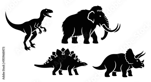 Prehistoric Animals Silhouettes Set: Dinosaurs and Woolly Mammoth Icons