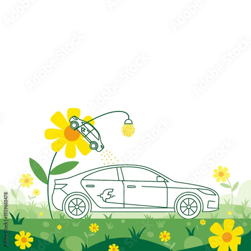 Sustainable Electric Car Concept Nurtured by Nature, Illustrating Green Transportation Growth and Eco-Friendly Energy in a Vibrant Landscape.