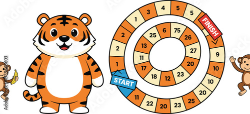 Educational math board game for kids featuring cute cartoon tiger and monkey characters with number path for learning addition and counting vector illustration.