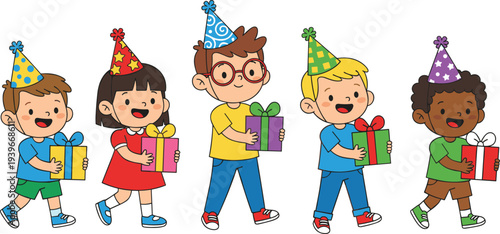 Diverse group of happy cartoon children wearing colorful party hats and holding wrapped gift boxes with ribbons flat vector illustration.