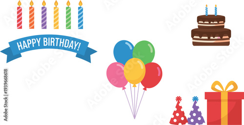 Festive birthday illustration with colorful candles, balloons, cake, gift box, party hats, and ribbon banner design elements
