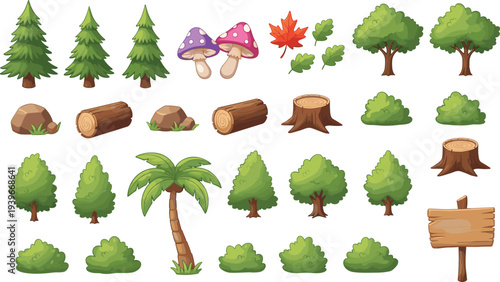 Flat vector collection of forest nature elements featuring various green trees, pine trees, a palm tree, bushes, rocks, logs, tree stumps, colorful mushrooms, and a blank wooden sign board.