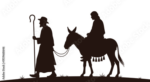 Silhouette vector graphic illustrates joseph leading mary riding donkey during nativity journey