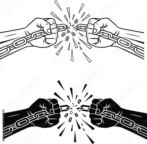 Powerful hands breaking metal chain in line art and silhouette style symbolizing freedom, liberation, and overcoming oppression