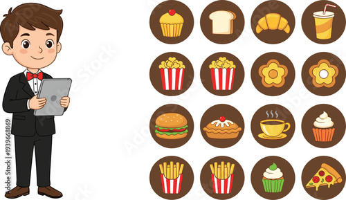 Professional young waiter in a black tuxedo holding a tablet next to various delicious food and bakery icons flat vector illustration.