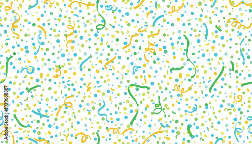 Seamless festive pattern of colorful confetti dots and curly streamers on white background for party and celebration design