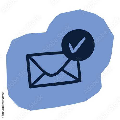 Hand drawn envelope with checkmark icon on blue abstract shape for scrapbook and journal. Vector illustration design.