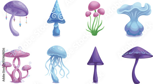 Whimsical collection of colorful fantasy mushrooms and fungi with imaginative shapes for magical, creative, and storytelling design projects