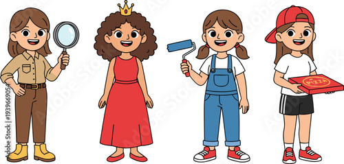 Cartoon characters dressed as detective, princess, painter, and pizza delivery person in playful colorful design for children’s projects