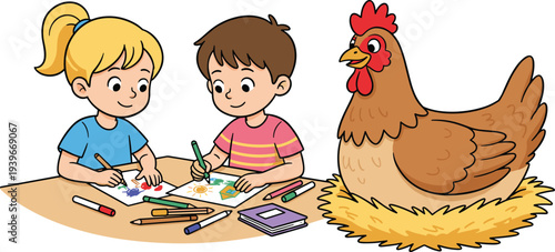 Cartoon children drawing colorful pictures at table with markers and hen nearby in creative educational farm scene