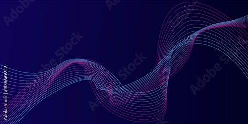 Abstract glowing wave lines on dark blue background. Dynamic wave pattern. Modern flowing wavy lines. Futuristic technology concept. Suit for banner, poster, cover, brochure, flyer, website