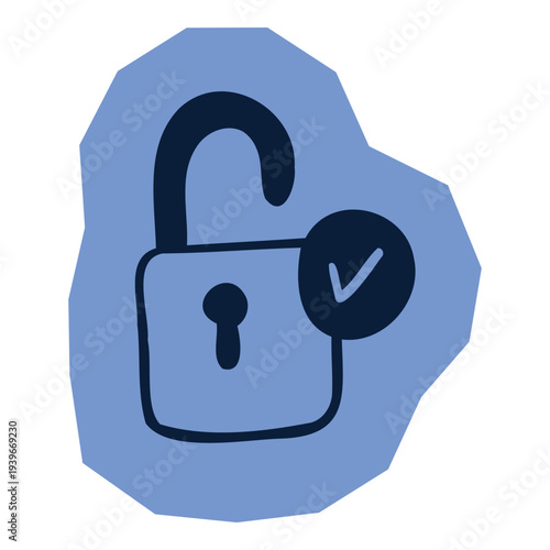 Hand drawn unlocked padlock with checkmark icon on blue abstract shape for scrapbook and journal. Vector illustration design.