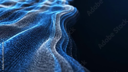 Abstract digital waveform illustration with flowing blue and white particles, representing data visualization, technological advancement, and scientific concepts in a futuristic motion graphic
