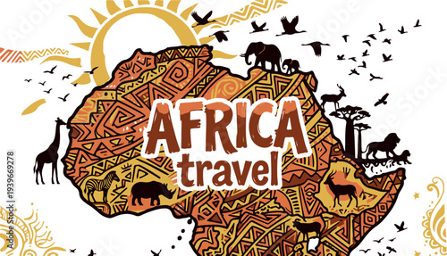 Vibrant Africa travel map illustration featuring iconic animals, landmarks, and cultural patterns, perfect for tourism and adventure travel promotions.
