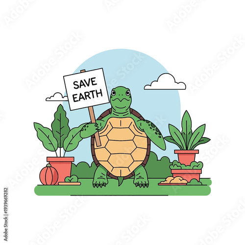 Cartoon turtle holding 'SAVE EARTH' sign for environmental protection and nature conservation awareness illustration.