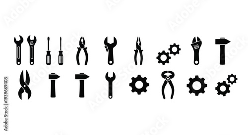 Collection of black silhouette vector icons representing various essential hand tools and machinery gears