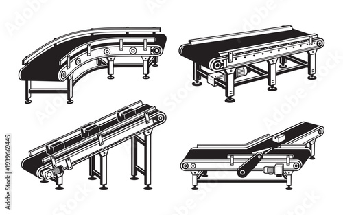 Conveyor belts vector illustration set for factory production line and packaging industry