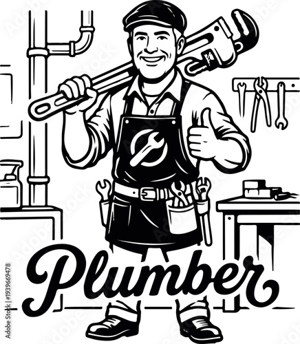 Cheerful plumber holding a large pipe wrench, wearing a tool belt and apron, standing in a workshop with thumbs up, smiling and looking friendly.