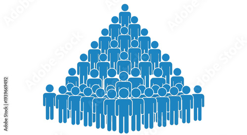 Blue stylized human figures arranged in a precise ascending pyramid structure forming a crowd graphic