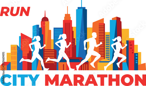 Vibrant city marathon poster with runners and skyscrapers, promoting a fun run event in an urban setting with a colorful design.