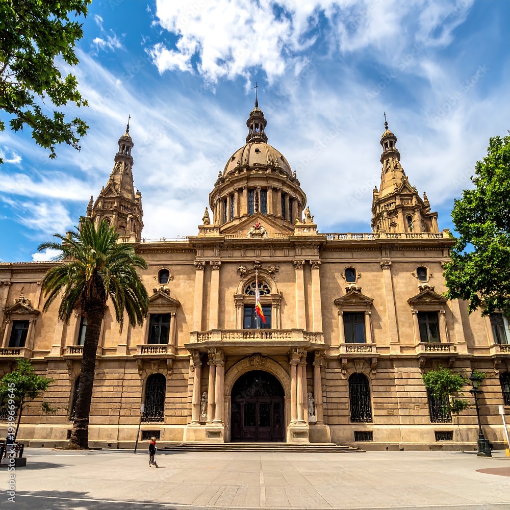 Obraz premium Large ornate building with domes, towers, and palm trees under a blue sky
