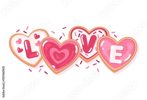 Love word made of heart-shaped cookies, biscuit letters