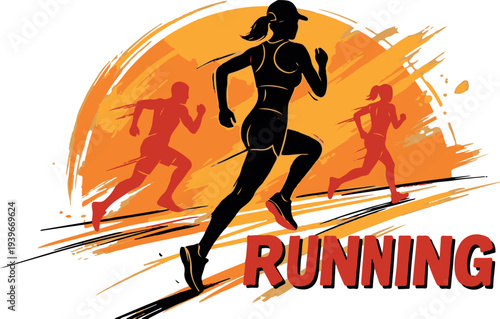 Stylized illustration of runners in motion with orange sunset background and bold running text, symbolizing fitness and athleticism in a dynamic graphic design.