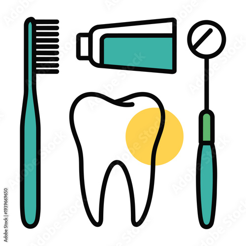 Dental care equipment vector illustration with toothbrush toothpaste tooth and dental mouth mirror