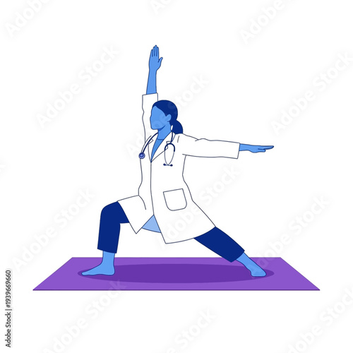 Female doctor in a lab coat performing a yoga warrior pose on a mat, representing wellness, mindfulness, and stress relief in the healthcare profession.